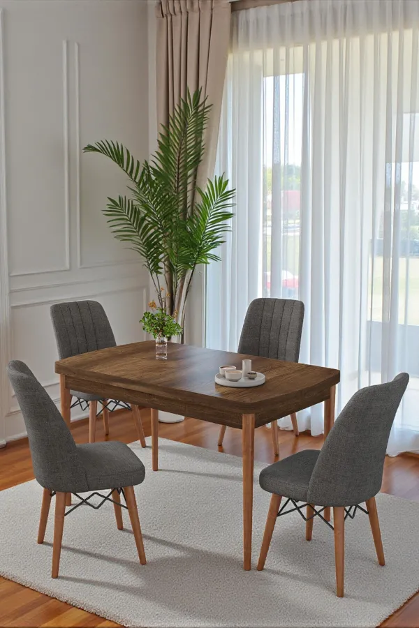 70X110 cm Mutfak Masası Takımı | 4 Kişilik Sabit Masa Sandalye Takımı | Ceviz Masa - Antrasit