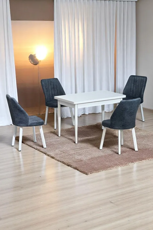 ARVEN Beyaz Sunta 70x110 Sabit Mutfak Masası Takımı Beyaz Metal Ayak 4 Füme Kot Desen Sandalye