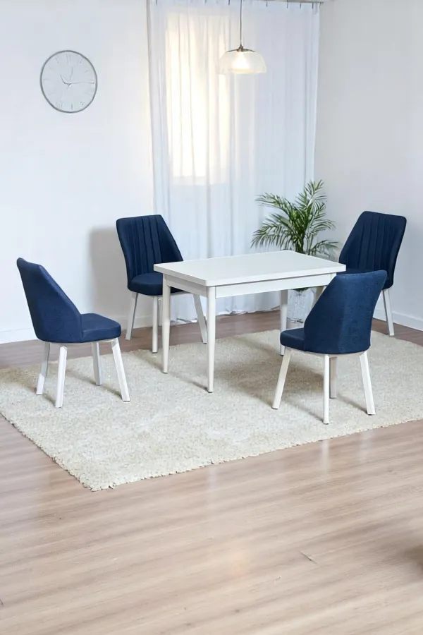 ARVEN Beyaz Sunta 70x110 Sabit Mutfak Masası Takımı Beyaz Metal Ayak 4 Lacivert Sandalye