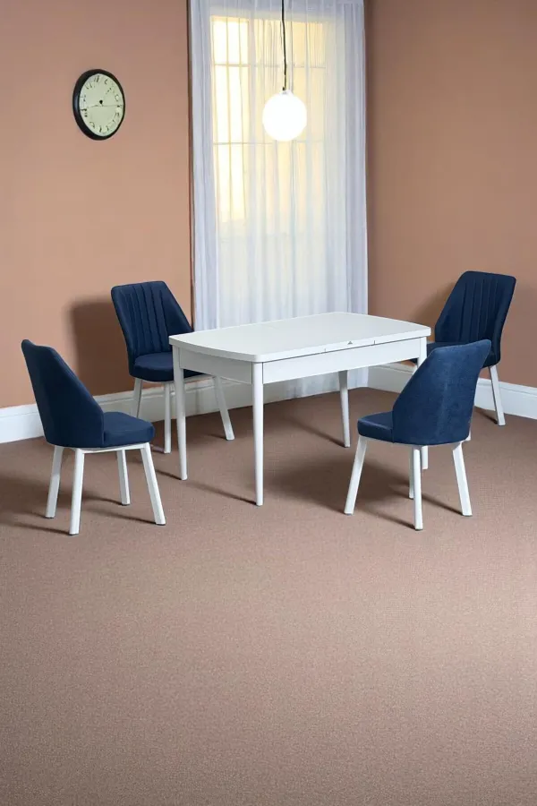 Florn Beyaz 80 x 132 Açılabilen MDF Masa Metal Ayaklı Mutfak Masası Takımı 4 Lacivert Sandalye