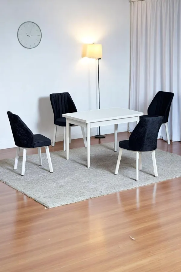 Florn Beyaz 80 x 132 Açılabilen MDF Masa Metal Ayaklı Mutfak Masası Takımı 4 Siyah Sandalye