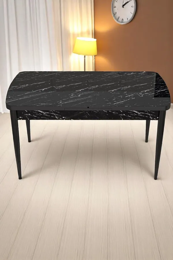 Milas Serisi 80 x 132 Açılabilen Siyah Mermer MDF Mutfak Masası, Yemek Masası Metal Ayak