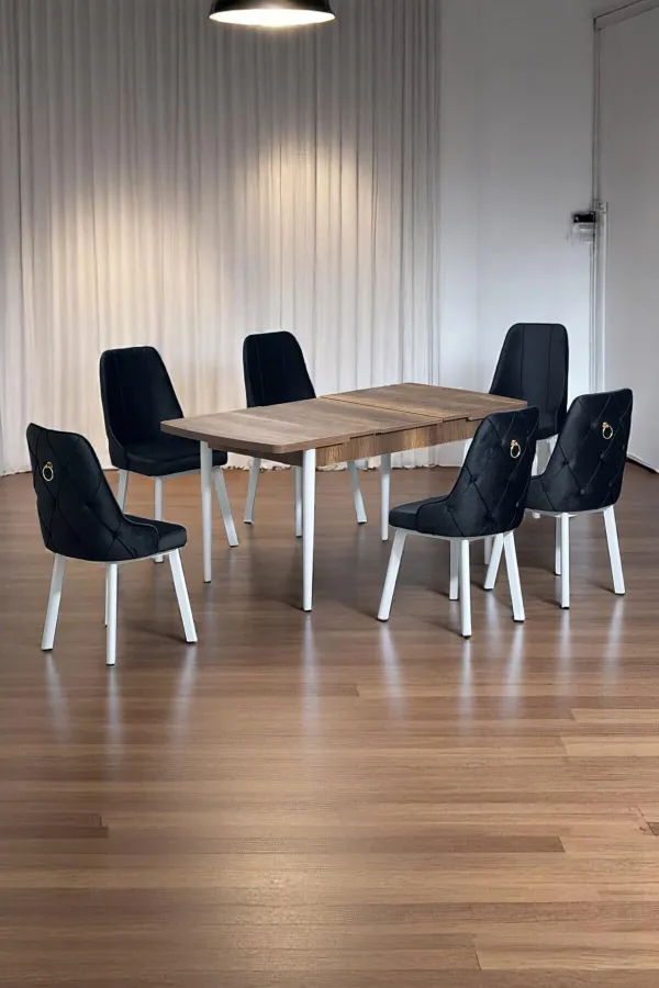Minel Açılabilen Metal Ayak MDF Mutfak Masası Takımı 6 Antrasit Sandalye 80 x 132