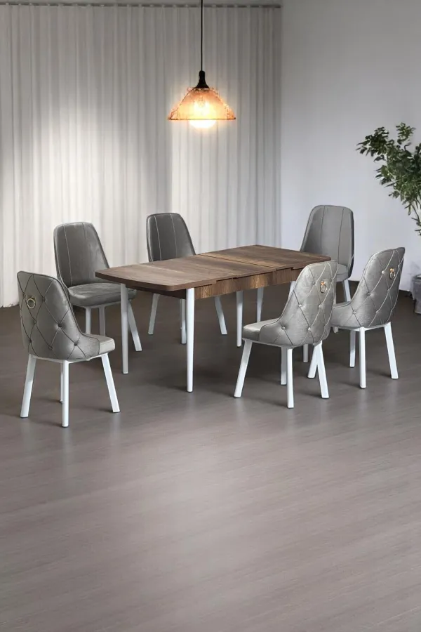 Minel Açılabilen Metal Ayak MDF Mutfak Masası Takımı 6 Cappucino Sandalye 80 x 132