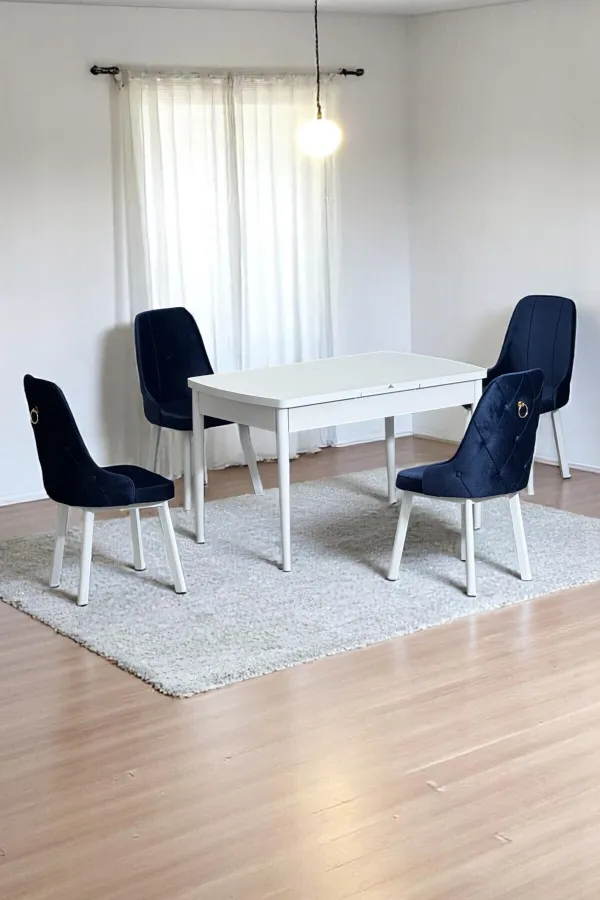 Monera Beyaz 80 x 132 Açılabilen MDF Masa Metal Ayaklı Mutfak Masası Takımı 4 Lacivert Sandalye