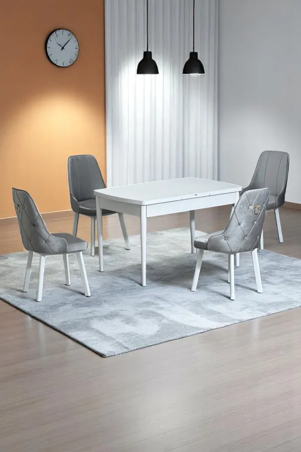 Monera Beyaz 80 x 132 Açılabilen Sunta Masa Metal Ayaklı Mutfak Masası Takımı 4 Gri Sandalye