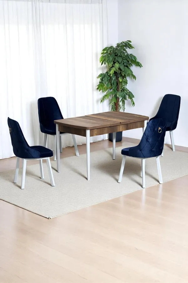 Monera Ceviz 80 x 132 Açılabilen MDF Masa Metal Ayaklı Mutfak Masası Takımı 4 Lacivert Sandalye