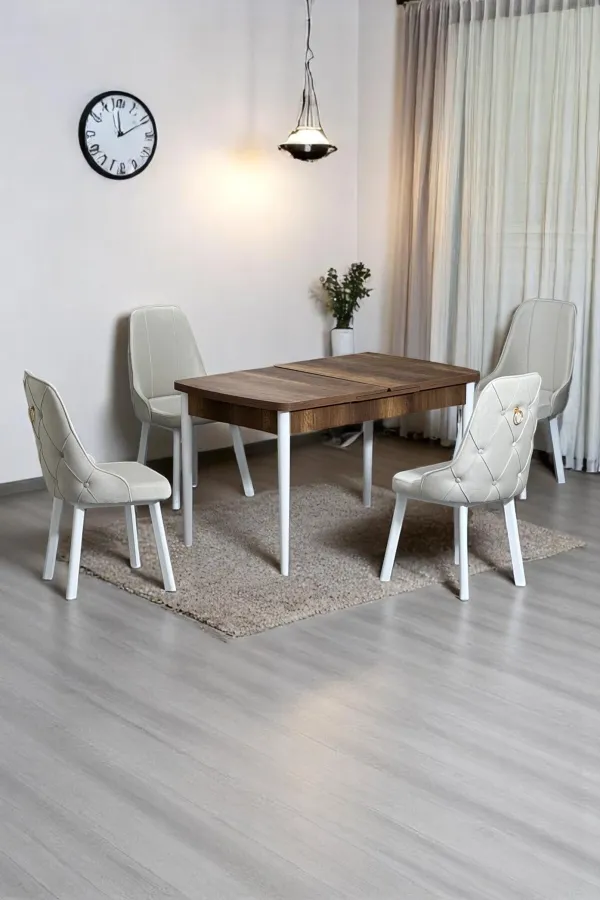 Monera Ceviz 80 x 132 Açılabilen Sunta Masa Metal Ayaklı Mutfak Masası Takımı 4 Krem Sandalye
