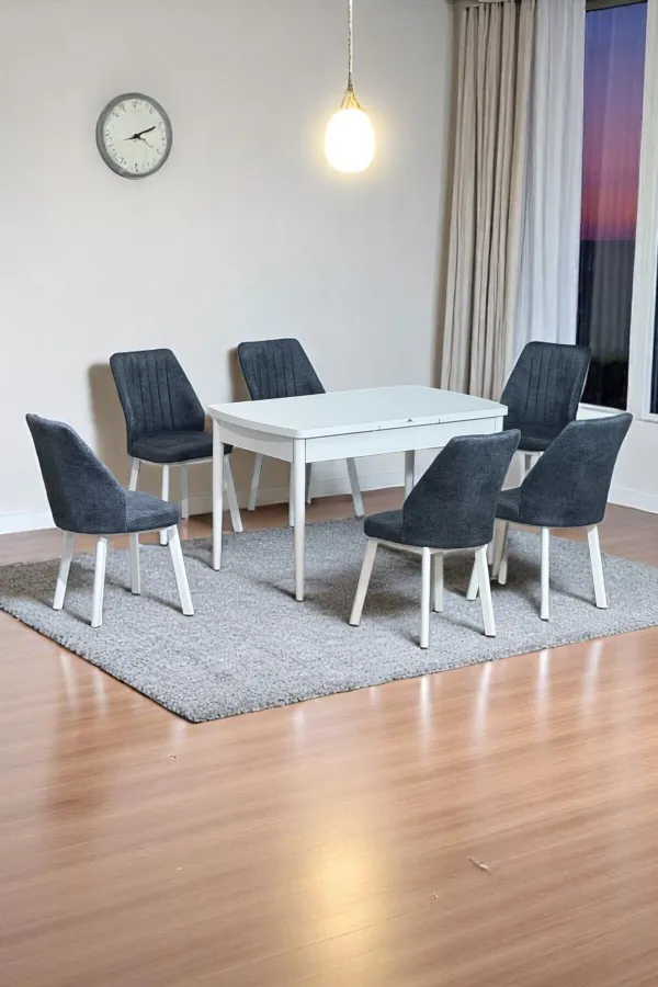 Sera Beyaz 80 x 132 Açılabilen MDF Masa Beyaz Metal Ayaklı Mutfak Masası 6 Füme Kot Desen Sandalye