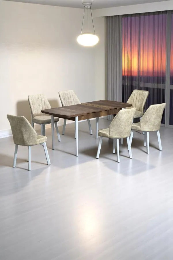 Sera Ceviz 80 x 132 Açılabilen MDF Masa Beyaz Metal Ayaklı Mutfak Masası 6 Krem Sandalye