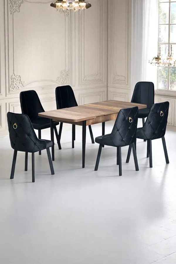 Sonata Ceviz 80 x 132 Açılabilen MDF Masa Siyah Metal Ayaklı Mutfak Masası 6 Siyah Sandalye