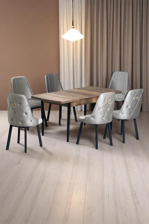 Sonata Ceviz 80 x 132 Açılabilen Sunta Masa Siyah Metal Ayaklı Mutfak Masası 6 Cappucino Sandalye