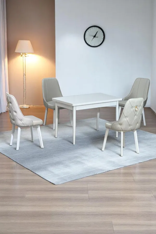 Still Beyaz MDF 70x110 Sabit Mutfak Masası Takımı Beyaz Metal Ayak 4 Krem Sandalye