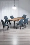 Luna Ceviz 80 x 132 Açılabilen MDF Masa Siyah Metal Ayaklı Mutfak Masası 6 Kot Desen Füme Sandalye