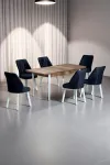 Sera Ceviz 80 x 132 Açılabilen MDF Masa Beyaz Metal Ayaklı Mutfak Masası 6 Siyah Sandalye