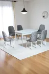 Sonata Beyaz 80 x 132 Açılabilen MDF Masa Metal Ayaklı Mutfak Masası Takımı 6 Gri Sandalye-0